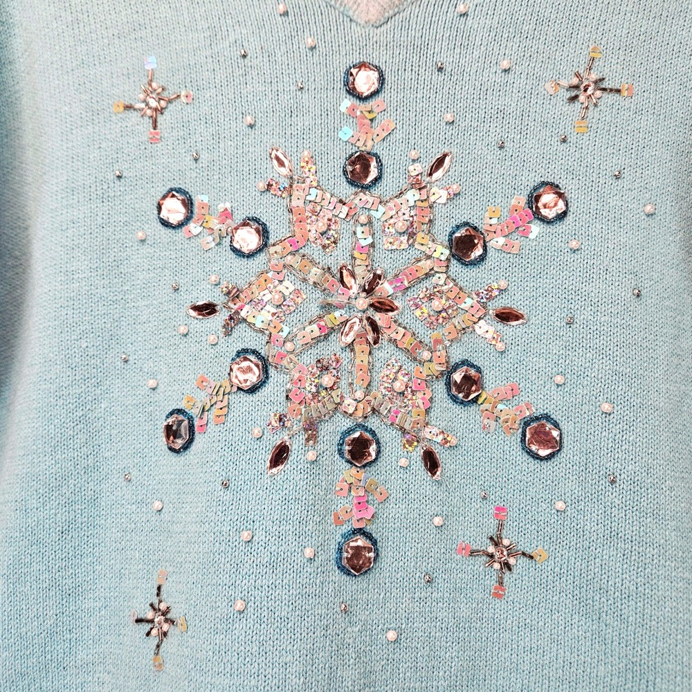 Quacker Factory Snowflake Blue V-Neck Sweater Large Beads Sequins Winter Holiday - Picture 3 of 14
